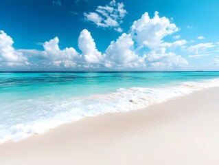 Obraz premium Walking on White Sandy Beach with Turquoise Ocean Under Cloudy Blue Sky