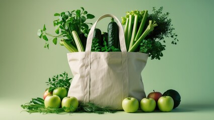 Eco bag filled with products against a colorful background