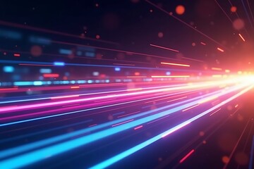 Obraz premium Futuristic abstract background with dynamic neon light streaks and bokeh orbs in cyberpunk aesthetic 