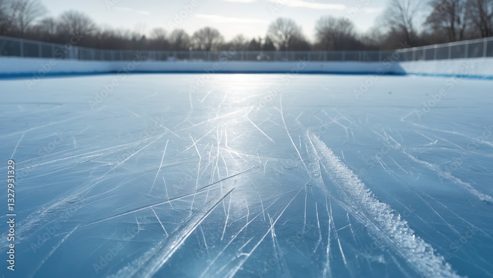 Poster empty ice rink with skate marks after an outdoor session. close-up of blue rink surface, providing s