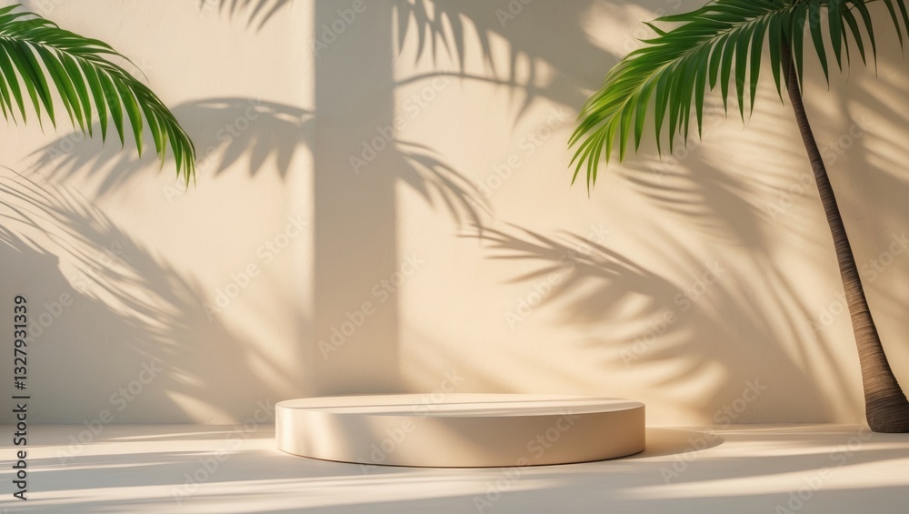 Poster minimal product placement backdrop featuring palm shadow on plaster wall. luxury summer architectura