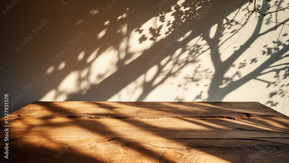 Aufkleber product showcase in ambient lighting featuring a wooden table surface, featuring intricate shadow pl