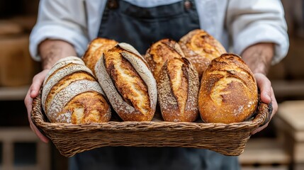 A baker presents a selection of fresh artisan loaves of bread
