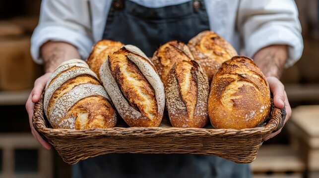 A baker presents a selection of fresh artisan loaves of bread - Powered by Adobe