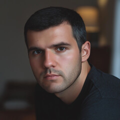 Obraz premium Close-up portrait of a young man with dark hair and brown eyes. He's wearing a dark shirt and has a serious expression.
