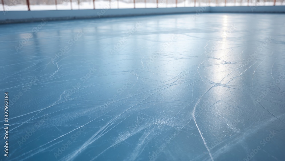 Poster empty ice rink featuring skate marks post-session outdoors. close-up view of the blue ice rink floor