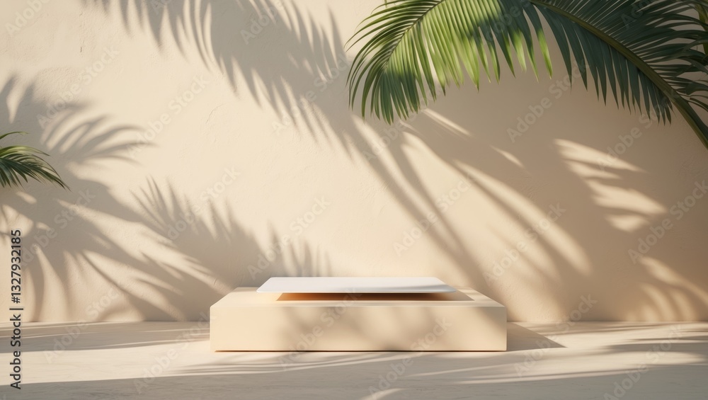 Poster minimal product placement backdrop featuring palm shadows on a plaster wall. luxury summer interior 