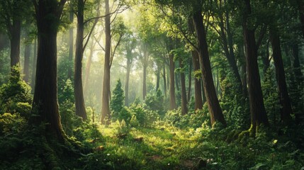 Fototapeta premium Sunlit Forest Path: Lush Green Canopy And Tranquil Atmosphere