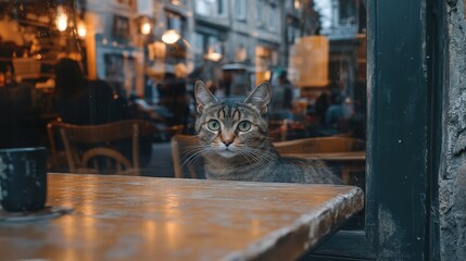 Curious cat observing cozy gatherings city street photography urban lifestyle close-up view essence of city life