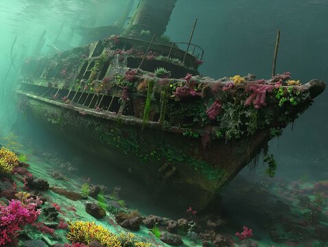 shipwreck, underwater, ocean, dark, mysterious, coral, fish, deep sea, exploration
