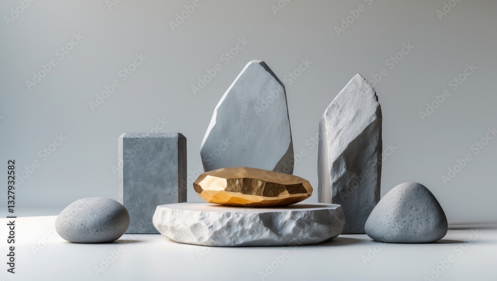 Poster minimalist stone podium display. simple arrangement of stone rocks with copy space for promotions an