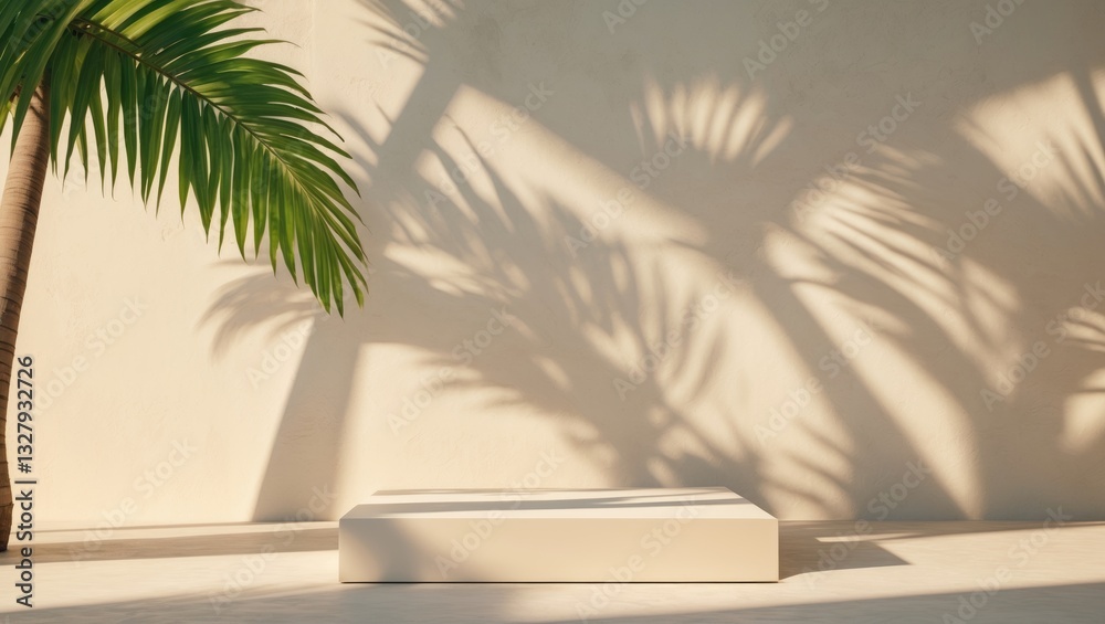 Poster minimal product placement backdrop featuring palm shadow on a plaster wall. luxury summer architectu
