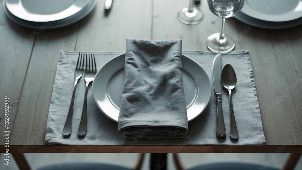 Aufkleber empty plates and cutlery displayed on a tablecloth atop a wooden table for dinner, restaurant menu v