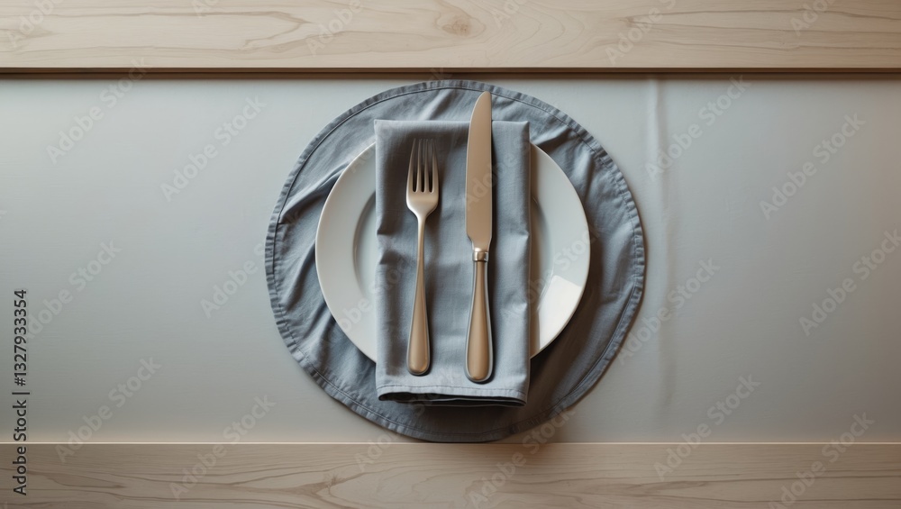 Poster Empty table setting with cutlery on a tablecloth on wooden surface for dinner. Flat design mockup. Top view square.