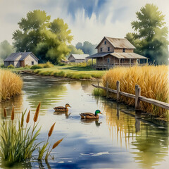 watercolor of a mother duck swimming in a clear stream with her ducklings practicing behind her.