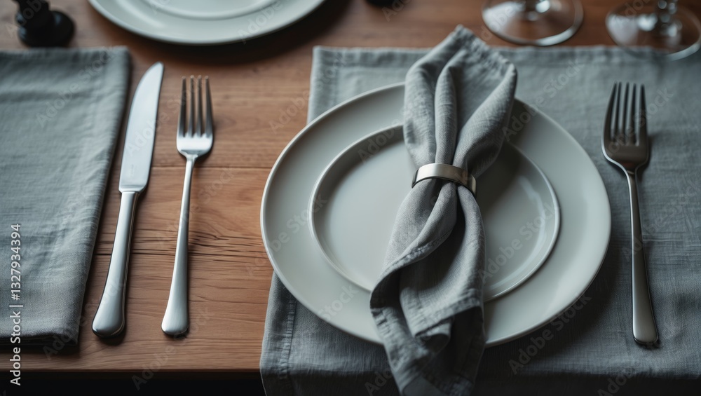 Poster empty plates and cutlery arranged on a tablecloth over a wooden table for dinner, horizontally viewe