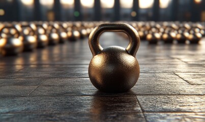 Single kettlebell on floor, many in background, gym setting, fitness concept