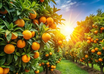 Lush Orange Grove: Ripe Fruit Hanging on Trees in a Sunny Garden - Copy Space for Text