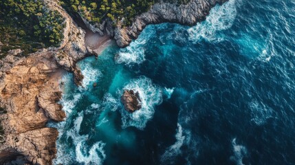 Aerial View of Turquoise Ocean Waves Crashing on Rocky Coast