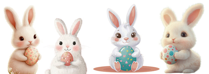 A collection of cute fluffy Easter bunnies holding decorated eggs, illustrated in soft pastel colors with a gentle artistic touch, isolated on a transparent background.