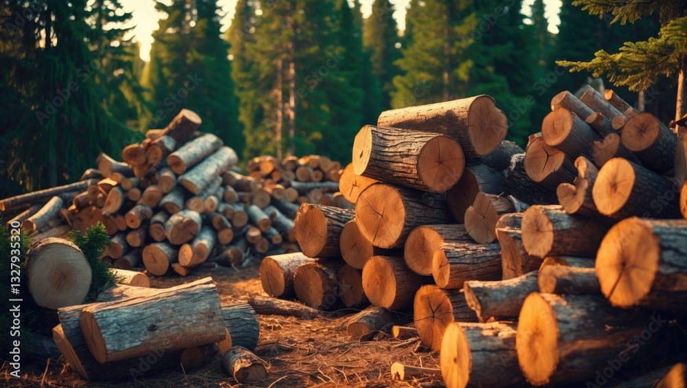 Poster cut stumps and logs following tree removal service. firewood preparation for winter. sawn logs hapha