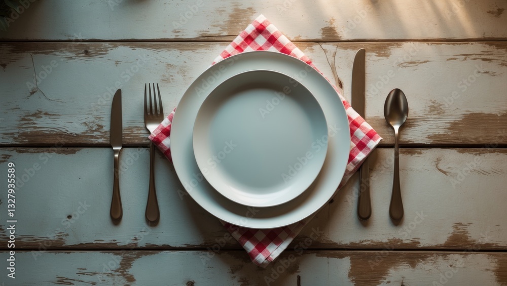 Poster empty plate, knife, fork, and napkin on a wooden table surface. overhead view with space for text.