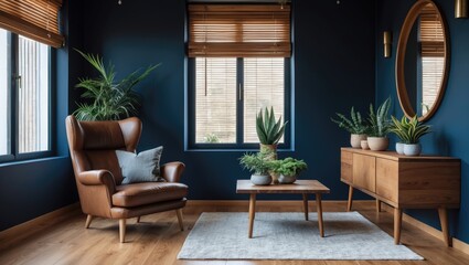 Dark blue interior of a living room featuring a cozy luxury leather armchair on wooden flooring.