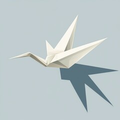 A white origami crane gracefully soaring against a light blue background
