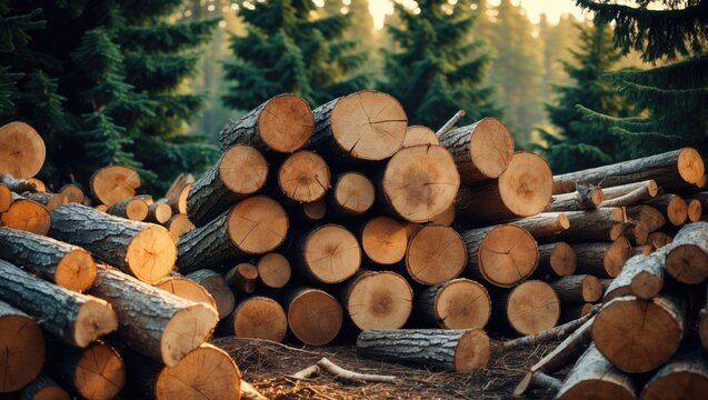 Cut stumps and logs following tree removal service. Preparing firewood for winter. Sawn logs are haphazardly piled together, in close-up.