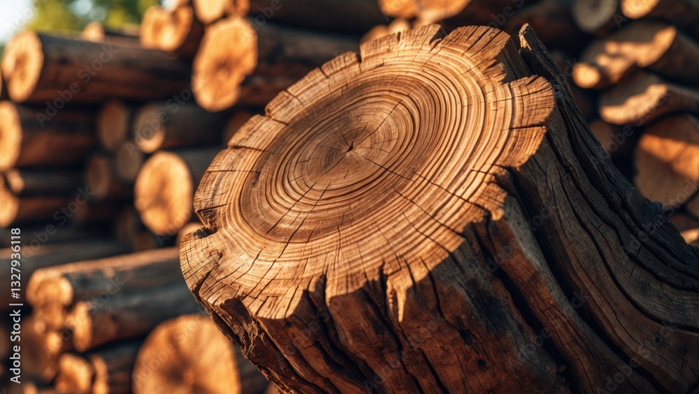 Aufkleber cut trees of construction wood arranged in a woodpile display annual rings and the age of trees for 