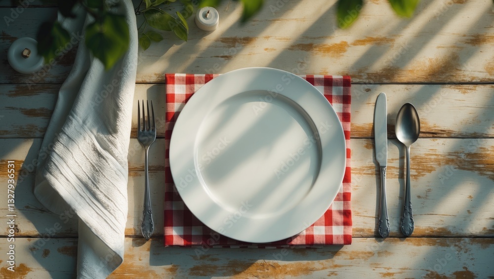 Poster empty plate, knife, fork, and towel positioned on a wooden table surface. a top view with space for 