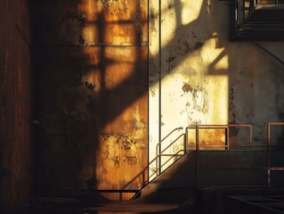 industrial building, interior, rusty walls, sunlight, shadows, grunge, stairs