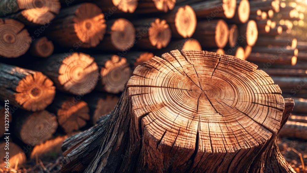 Aufkleber cut trees of construction wood arranged as a woodpile displaying annual rings and the tree's age for