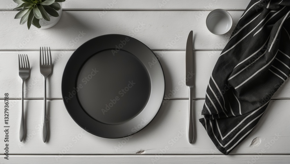 Poster empty plate with silver fork and knife on a wooden surface