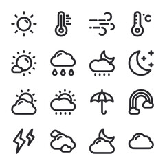 A set of weather icons including rain, sun, clouds, and a rainbow