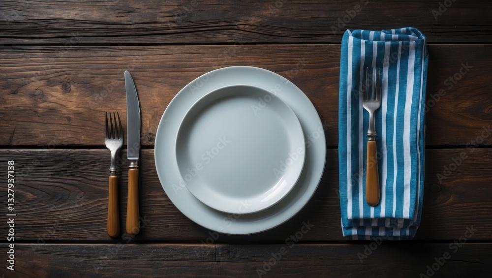 Poster Empty plate and silverware set on wooden table background. Aerial view featuring copy space.