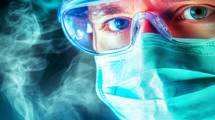 Doctor in Mask and Goggles Looks Forward in Lab with Smoke Background