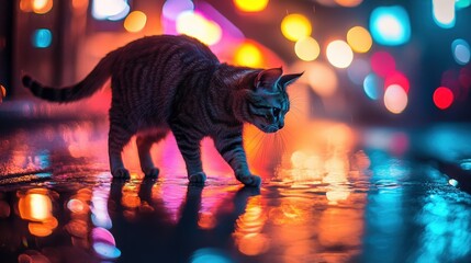 Cat walking on rainy street city lights night photography urban environment low angle reflective mood
