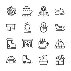 A set of winter-themed icons, including a snowman, a snowflake, a snowboard
