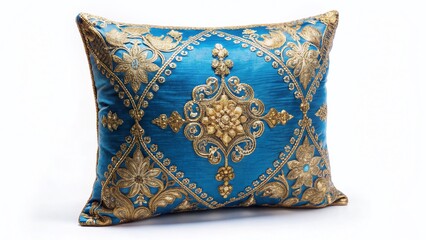 Obraz premium Luxurious Blue Pillow with Gold Embroidery - Elegant Home Decor