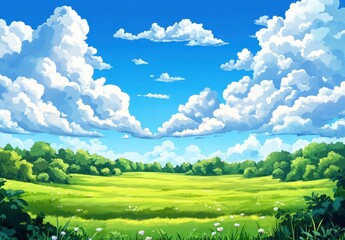 Fototapeta premium Serene Landscape with Lush Green Meadow and Fluffy White Clouds Under Bright Blue Sky in Tranquil Nature Scene Perfect for Relaxation and Peaceful Vibes