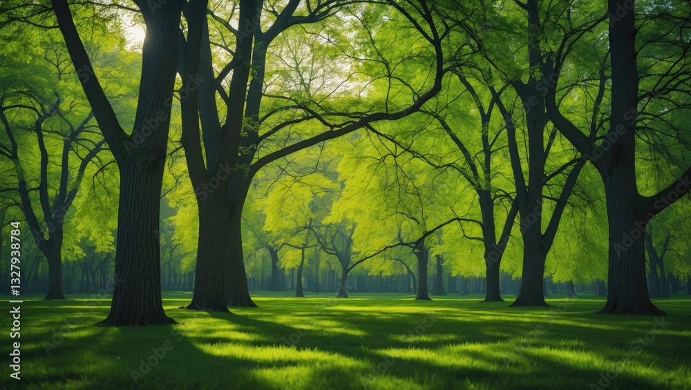 Poster deciduous trees in the park on a sunny day, with trees flourishing in the park during springtime.