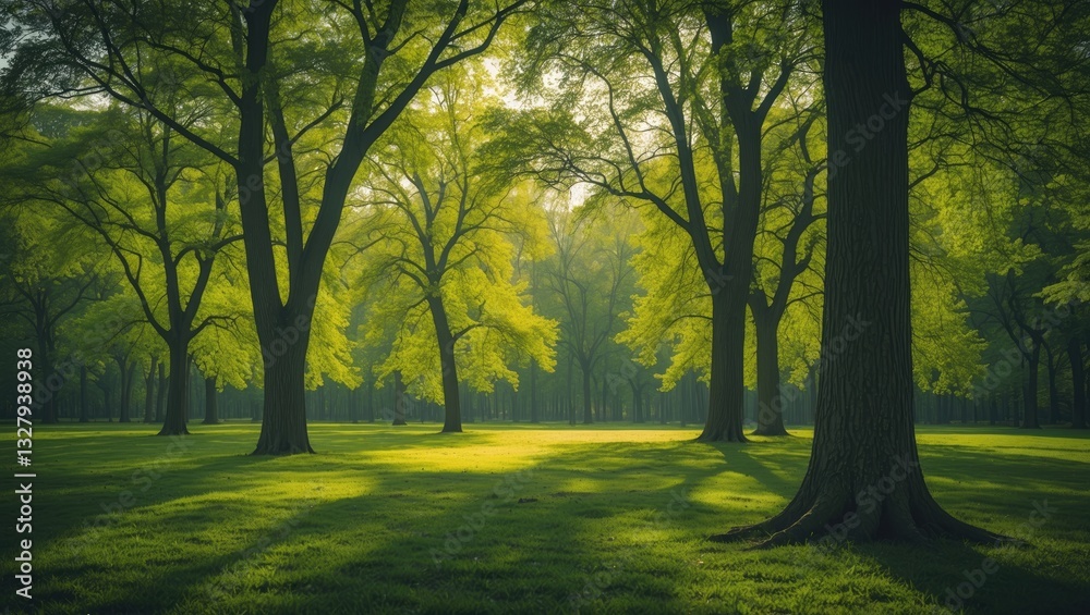 Poster deciduous trees in the park on a sunny day, trees flourishing in the park during spring