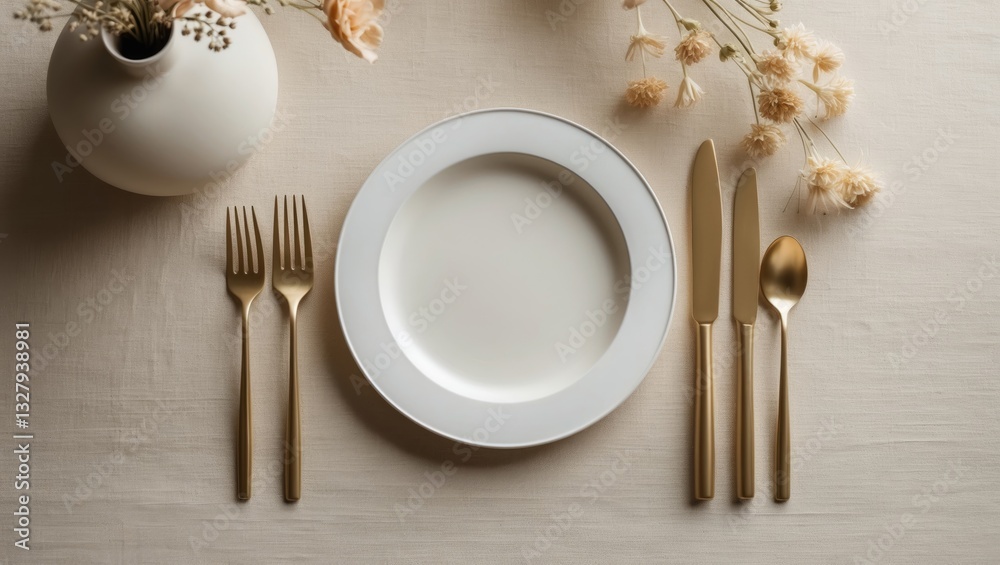 Aufkleber Empty modern minimal table setting in neutral beige color from a top view. Space available for text or menu.