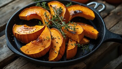 Baked pumpkin with thyme in a skillet on a rustic wooden table, a comforting dish.