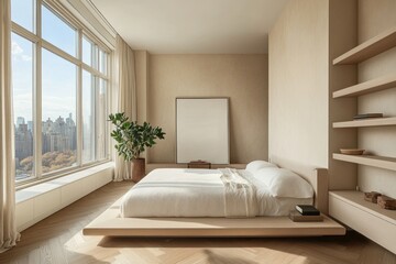 Obraz premium Minimalist bedroom with city view, platform bed, and wooden shelves.