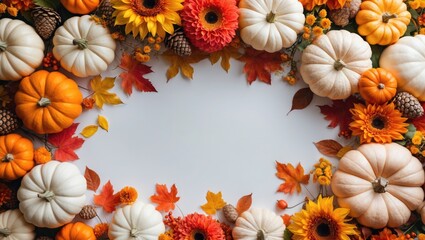 Autumn holidays and sale backdrop. Assorted pumpkins, autumn leaves and flowers, acorn cones, decorative elements on a white background from above with empty space for text.