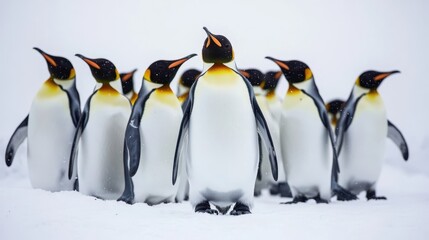 Obraz premium A Close Formation Of Penguins Staring Upward In The Snowy Scene