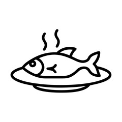 Cooked fish served on  plate presented as a thin line vector icon with a transparent background