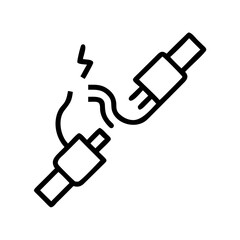 Illustration of broken cable with disconnected ends depicted in thin line vector format on transparent background highlighting potential damage in electrical equipment